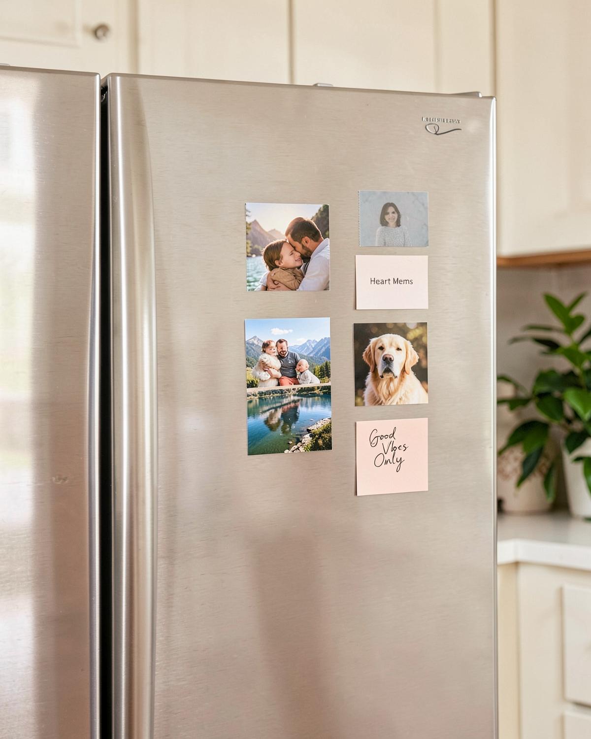 Photo magnets displayed on a kitchen refrigerator